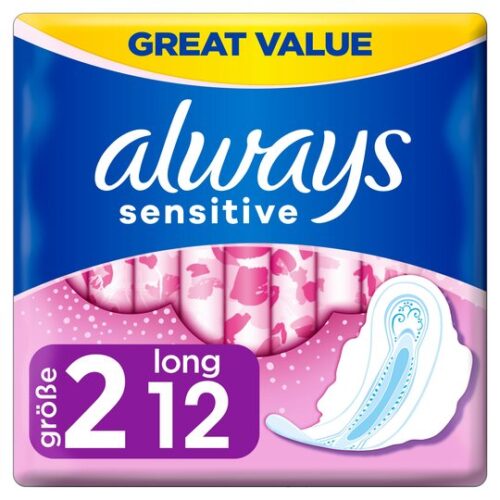 Always Sensitive Long Size 2 Sanitary Towels With Wings 12 Pack