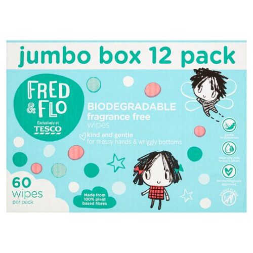 Fred & Flo Biodegradable Fragrance Free 60 Wipes 12 Box